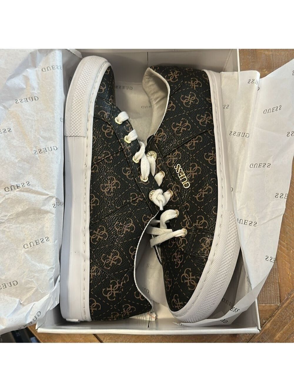 Guess Loven Brown Logo Print Lace Up Sneakers